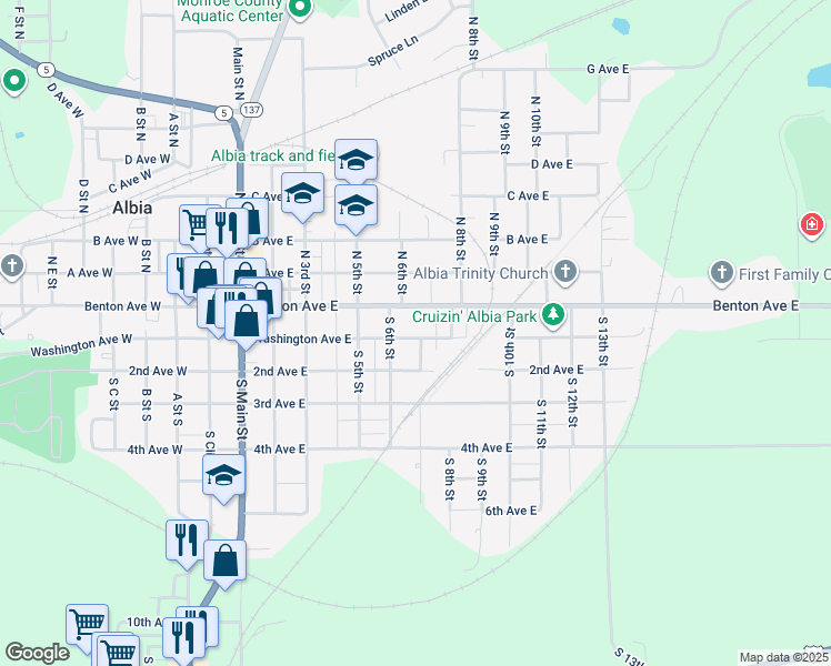 map of restaurants, bars, coffee shops, grocery stores, and more near 701 Washington Avenue East in Albia