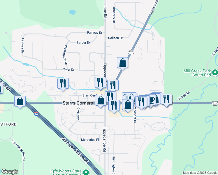 map of restaurants, bars, coffee shops, grocery stores, and more near 7100 Lockwood Boulevard in Canfield