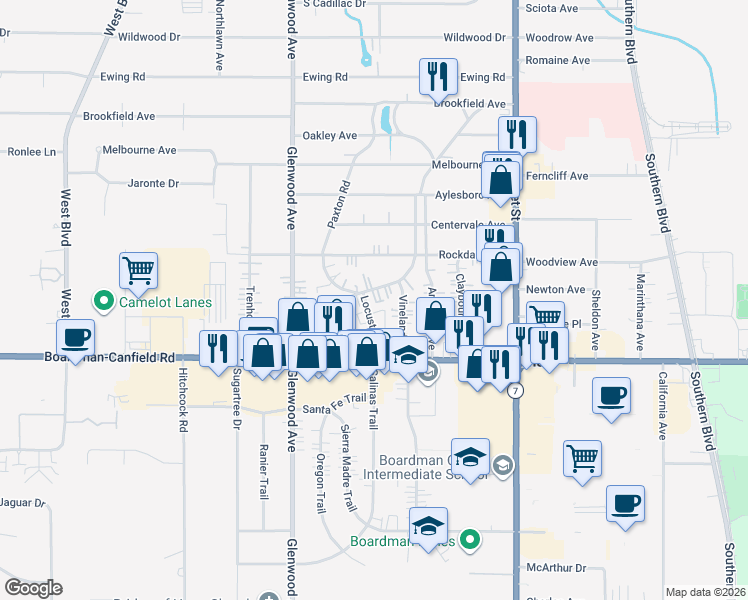 map of restaurants, bars, coffee shops, grocery stores, and more near 7133 Glendale Avenue in Youngstown