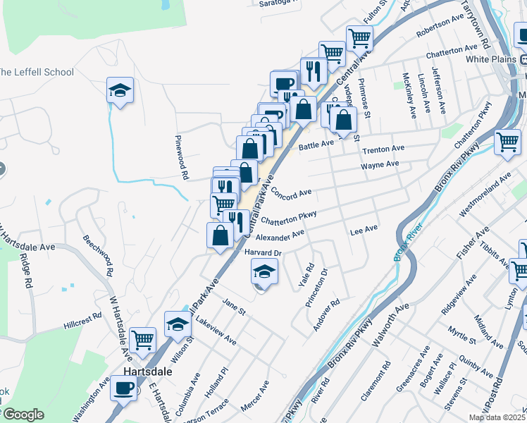 map of restaurants, bars, coffee shops, grocery stores, and more near 280 North Central Avenue in Hartsdale