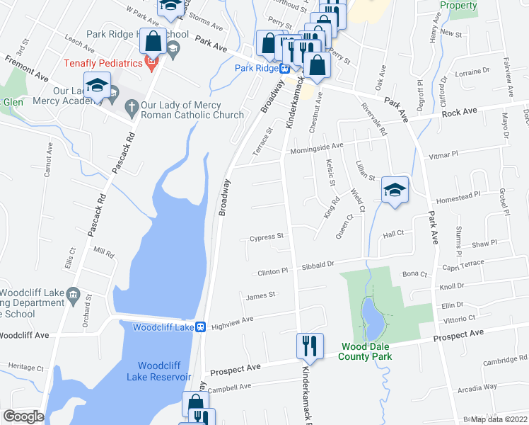 map of restaurants, bars, coffee shops, grocery stores, and more near 102 Maple Terrace in Park Ridge
