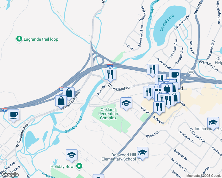 map of restaurants, bars, coffee shops, grocery stores, and more near 103 West Oakland Avenue in Oakland
