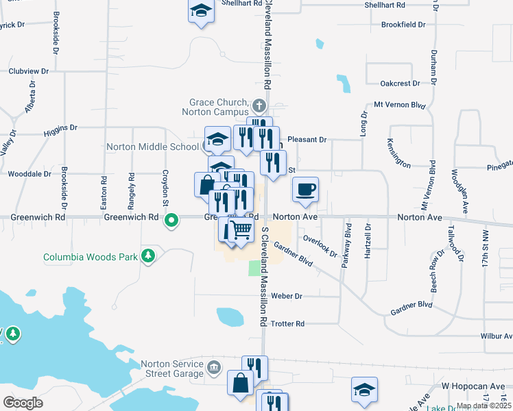 map of restaurants, bars, coffee shops, grocery stores, and more near 4138 South Cleveland Massillon Road in Norton
