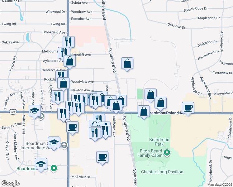 map of restaurants, bars, coffee shops, grocery stores, and more near 7046 Southern Boulevard in Youngstown