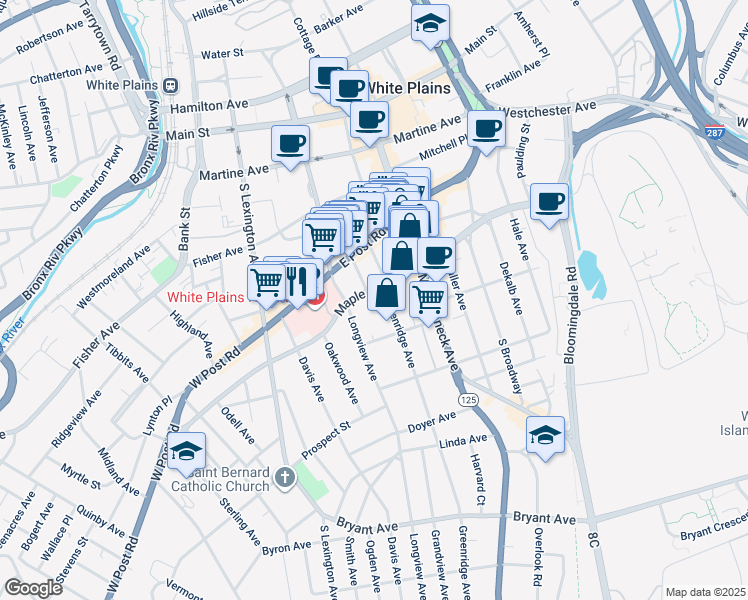 map of restaurants, bars, coffee shops, grocery stores, and more near 101 Maple Avenue in White Plains