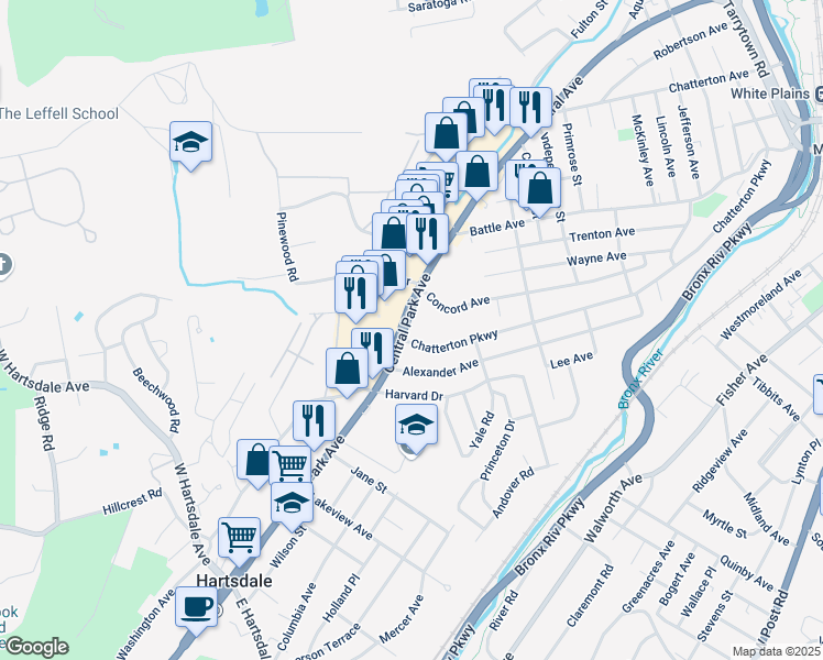 map of restaurants, bars, coffee shops, grocery stores, and more near 280 North Central Avenue in Hartsdale