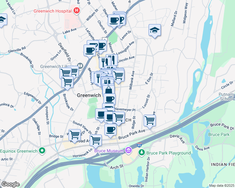map of restaurants, bars, coffee shops, grocery stores, and more near 166 Mason Street in Greenwich