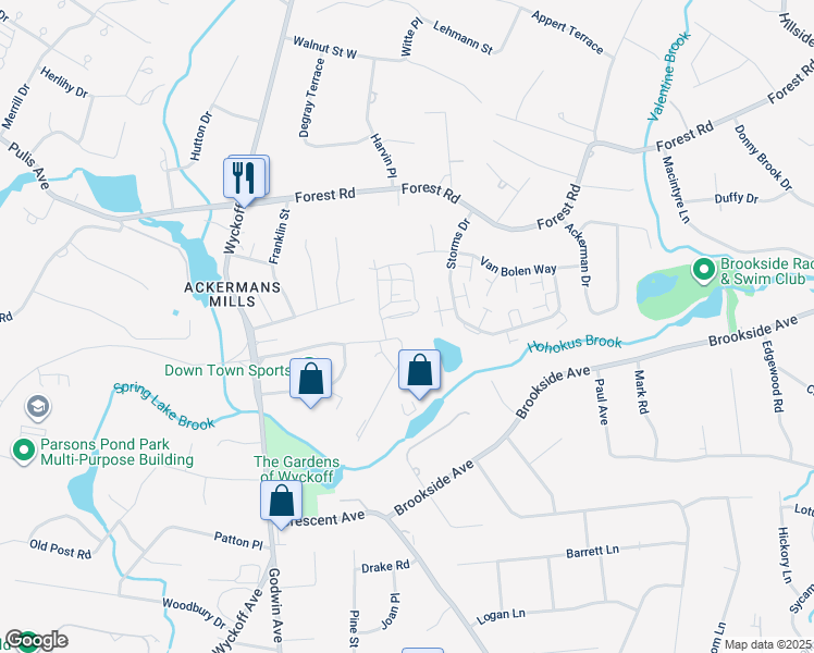 map of restaurants, bars, coffee shops, grocery stores, and more near 45 Edison Road in Mahwah