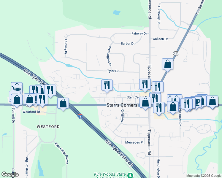 map of restaurants, bars, coffee shops, grocery stores, and more near 3805 Indian Run Drive in Canfield