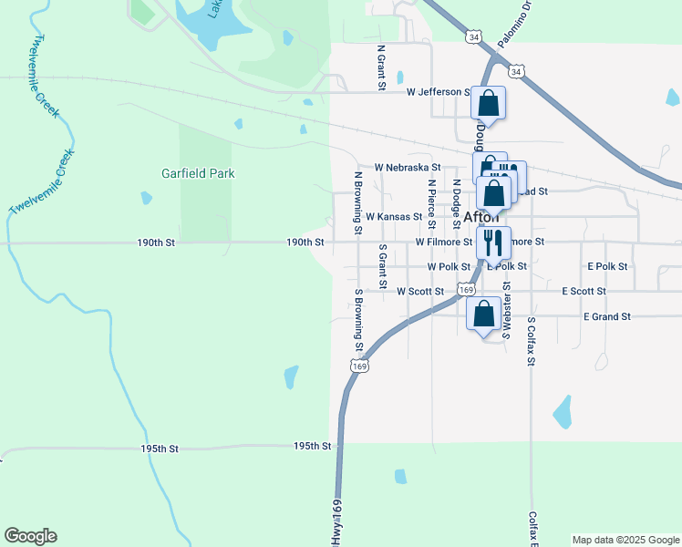 map of restaurants, bars, coffee shops, grocery stores, and more near 611 West Polk Street in Afton