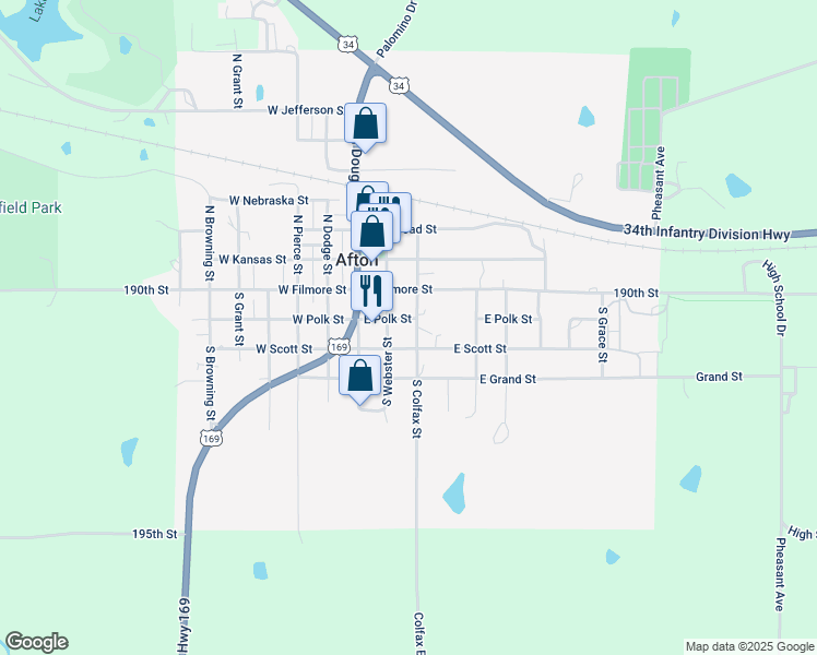 map of restaurants, bars, coffee shops, grocery stores, and more near 201-299 East Polk Street in Afton