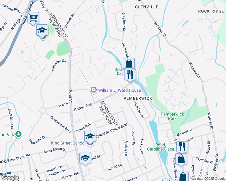 map of restaurants, bars, coffee shops, grocery stores, and more near 57 Greenwich Hills Drive in Greenwich