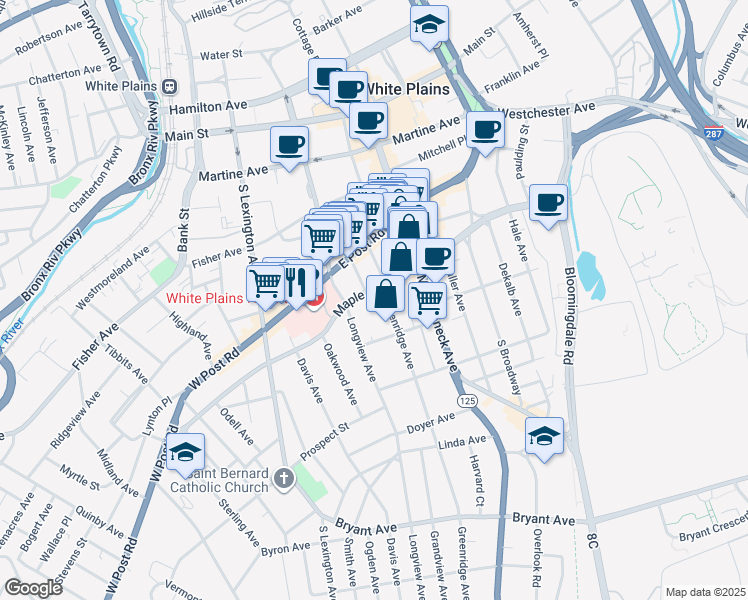 map of restaurants, bars, coffee shops, grocery stores, and more near 101 Maple Avenue in White Plains