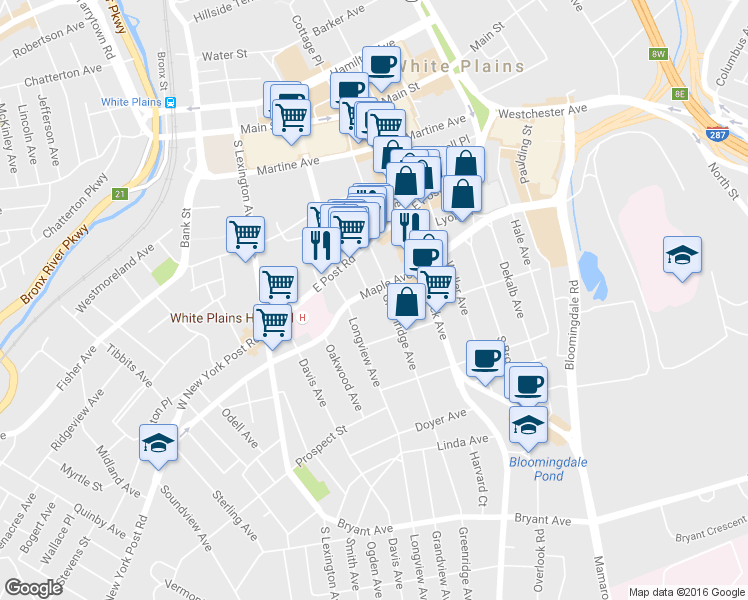 map of restaurants, bars, coffee shops, grocery stores, and more near 101 Maple Avenue in White Plains