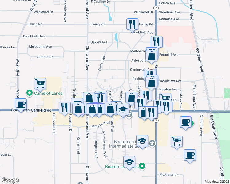 map of restaurants, bars, coffee shops, grocery stores, and more near 7123 Glendale Avenue in Youngstown