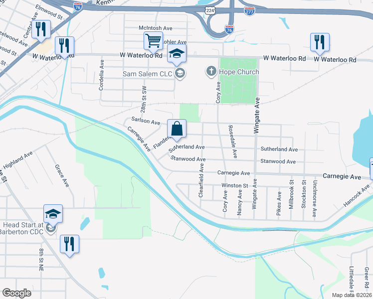 map of restaurants, bars, coffee shops, grocery stores, and more near 1160 Sutherland Avenue in Akron