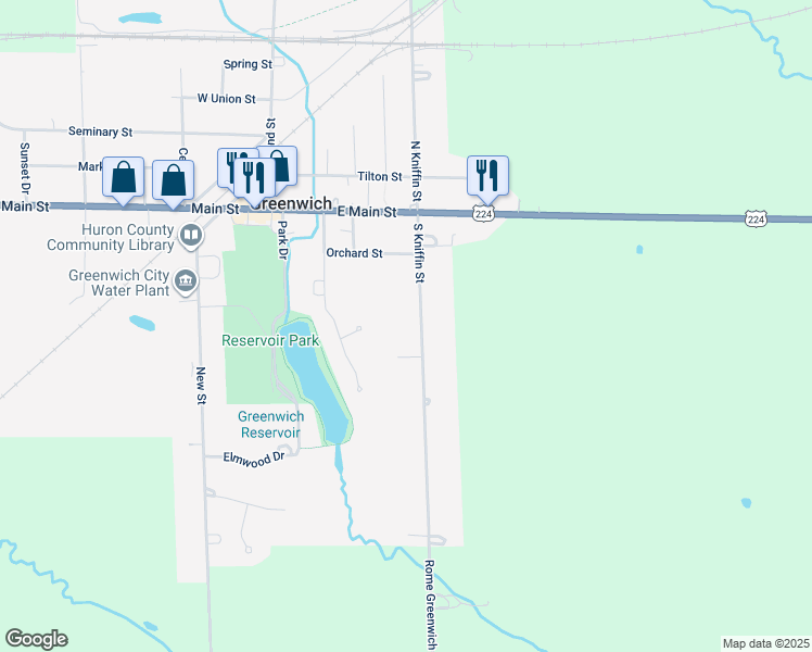 map of restaurants, bars, coffee shops, grocery stores, and more near 34 South Kniffin Street in Greenwich