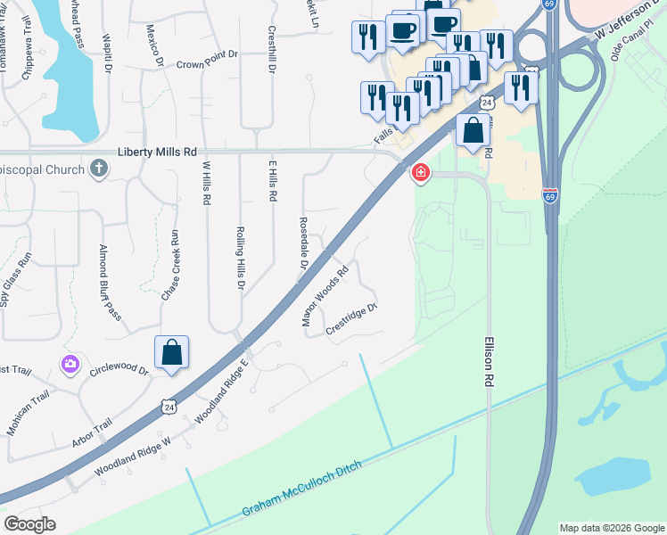map of restaurants, bars, coffee shops, grocery stores, and more near 9504 Manor Woods Road in Fort Wayne