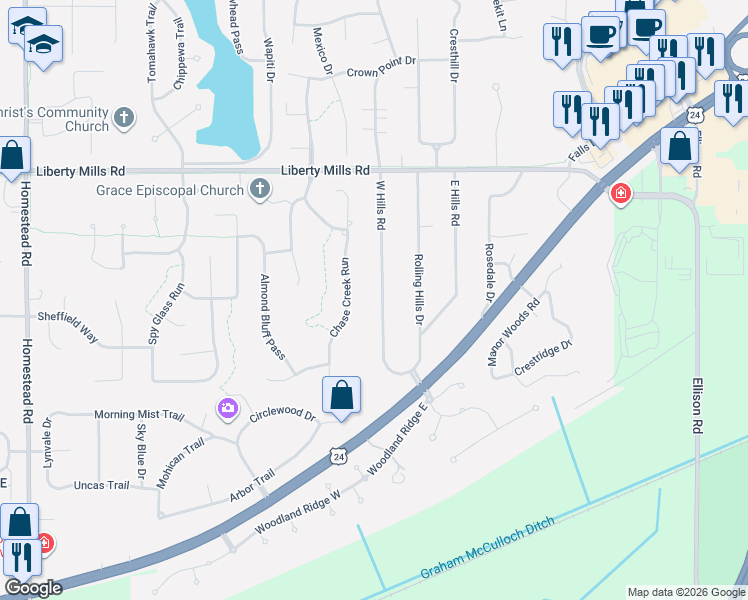 map of restaurants, bars, coffee shops, grocery stores, and more near 6217 W Hills Rd in Fort Wayne