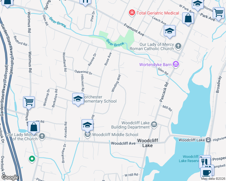 map of restaurants, bars, coffee shops, grocery stores, and more near 64 Winding Way in Woodcliff Lake