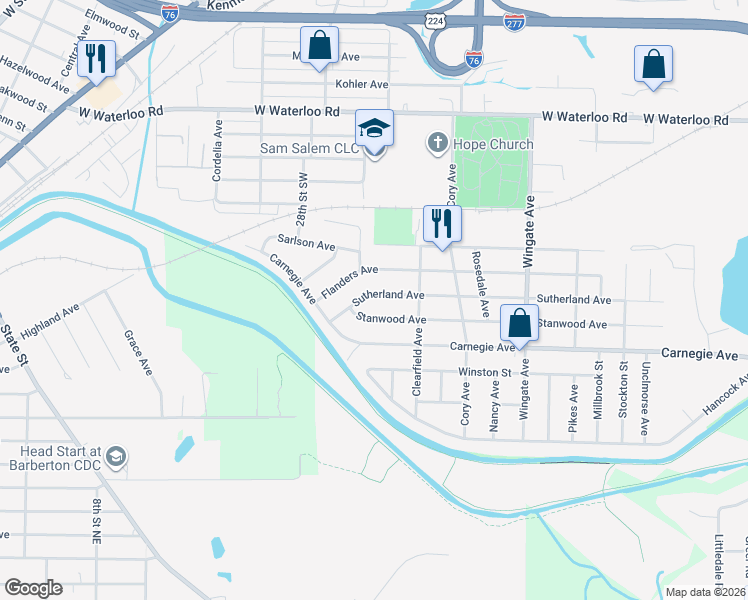 map of restaurants, bars, coffee shops, grocery stores, and more near 1160 Sutherland Avenue in Akron