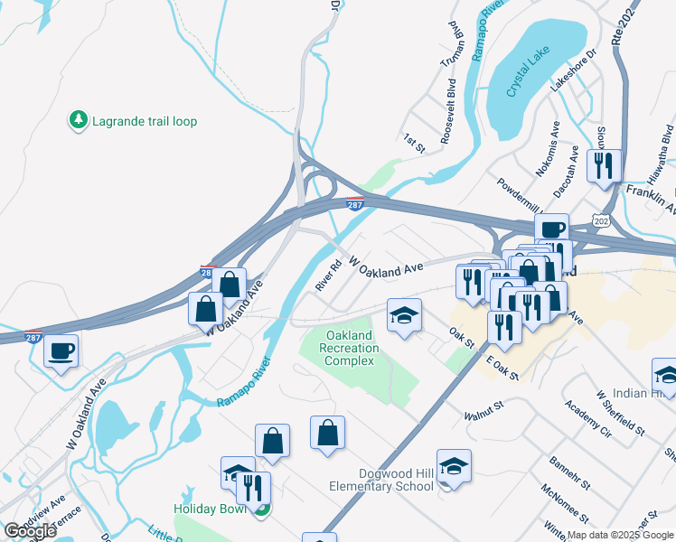 map of restaurants, bars, coffee shops, grocery stores, and more near 36 River Road in Oakland