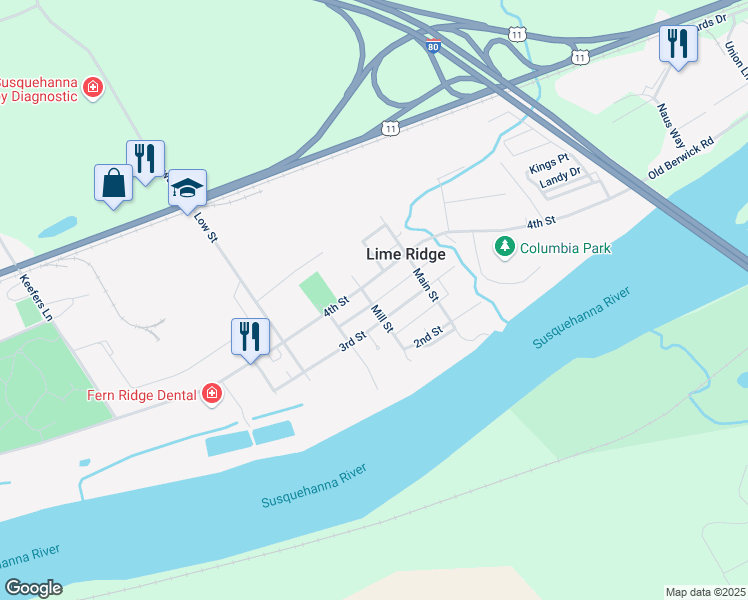 map of restaurants, bars, coffee shops, grocery stores, and more near 6365 Mill Street in Bloomsburg