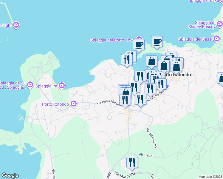 map of restaurants, bars, coffee shops, grocery stores, and more near 4 Via della Bilancia in Porto Rotondo