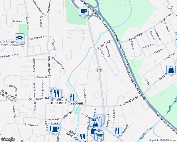 map of restaurants, bars, coffee shops, grocery stores, and more near 190 Kings Highway in Tappan