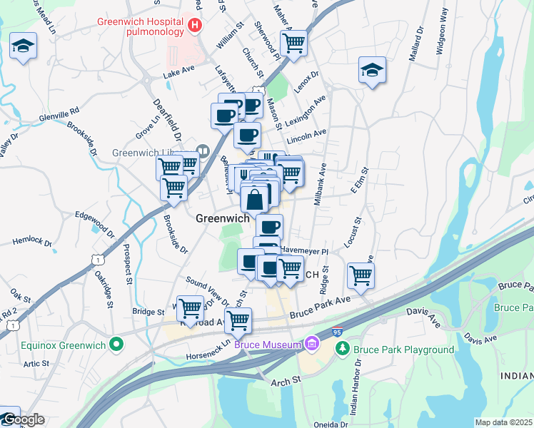 map of restaurants, bars, coffee shops, grocery stores, and more near 265 Greenwich Avenue in Greenwich