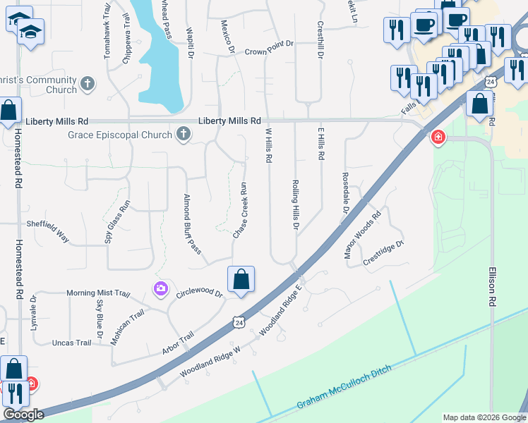 map of restaurants, bars, coffee shops, grocery stores, and more near 6217 W Hills Rd in Fort Wayne