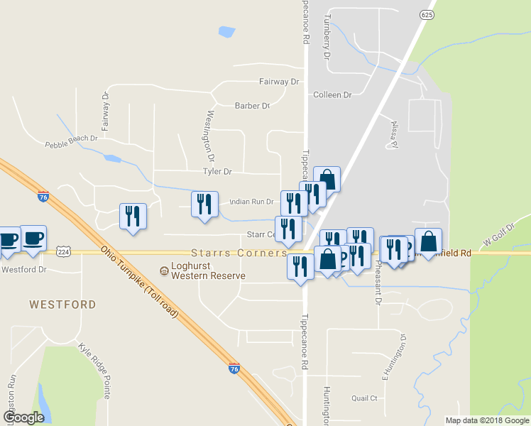 map of restaurants, bars, coffee shops, grocery stores, and more near 3695 Indian Run Drive in Canfield