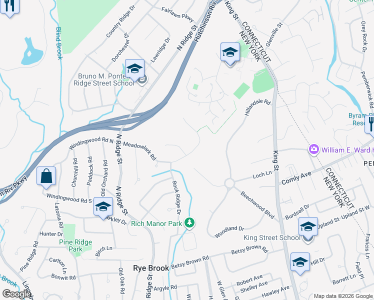 map of restaurants, bars, coffee shops, grocery stores, and more near 29 Meadowlark Road in Rye Brook