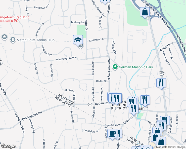 map of restaurants, bars, coffee shops, grocery stores, and more near 111 Summit Avenue in Tappan