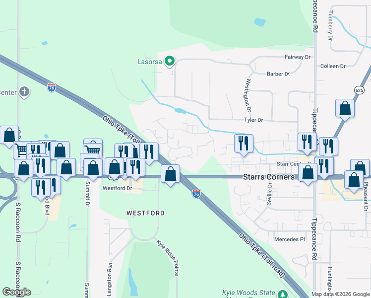 map of restaurants, bars, coffee shops, grocery stores, and more near 4087 Saint Andrews Court in Canfield