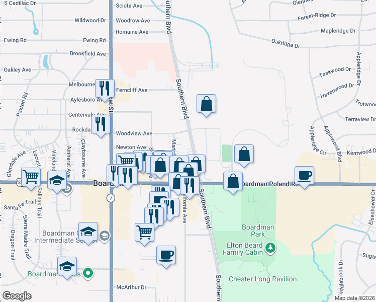 map of restaurants, bars, coffee shops, grocery stores, and more near 7046 Southern Boulevard in Youngstown