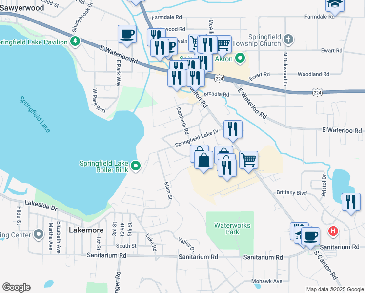 map of restaurants, bars, coffee shops, grocery stores, and more near 2708 Springfield Lake Drive in Akron