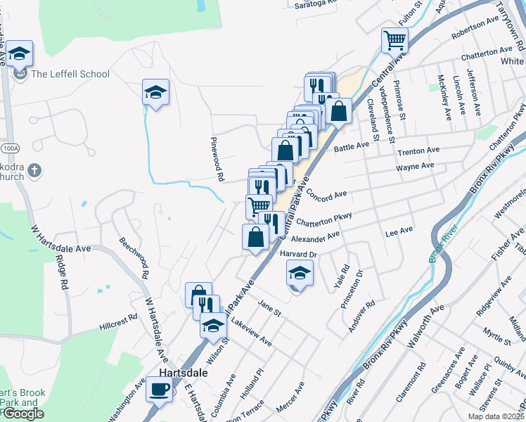 map of restaurants, bars, coffee shops, grocery stores, and more near 1302 Fox Glen Drive in Hartsdale