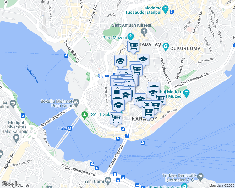 map of restaurants, bars, coffee shops, grocery stores, and more near Büyük Hendek Caddesi in Beyoğlu