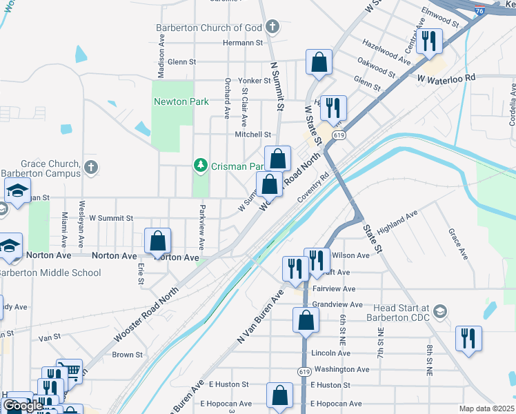 map of restaurants, bars, coffee shops, grocery stores, and more near 736 Wooster Road North in Barberton