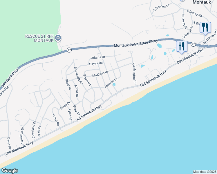 map of restaurants, bars, coffee shops, grocery stores, and more near 20 Jackson Road in Montauk
