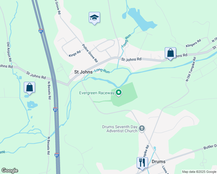 map of restaurants, bars, coffee shops, grocery stores, and more near 179 Mill Mountain Road in Drums