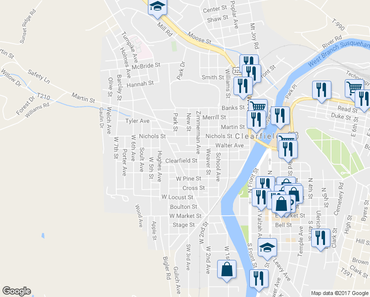 map of restaurants, bars, coffee shops, grocery stores, and more near 325 Stewart Avenue in Clearfield