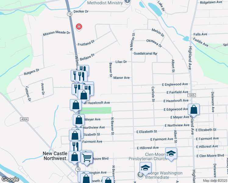 map of restaurants, bars, coffee shops, grocery stores, and more near 2 West Fairfield Avenue in New Castle