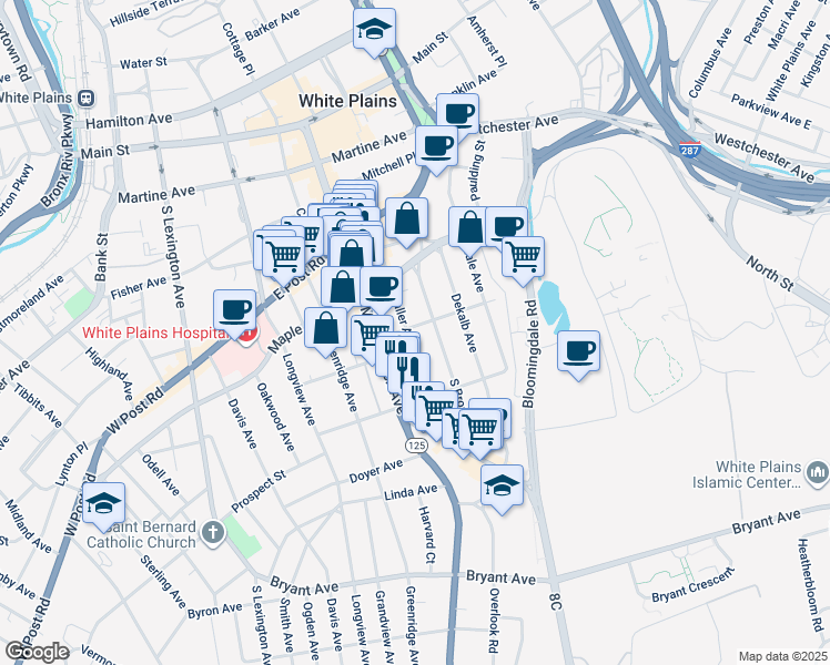 map of restaurants, bars, coffee shops, grocery stores, and more near 64 Waller Avenue in White Plains