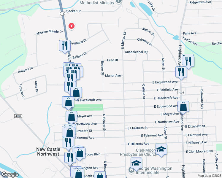 map of restaurants, bars, coffee shops, grocery stores, and more near 2 West Fairfield Avenue in New Castle