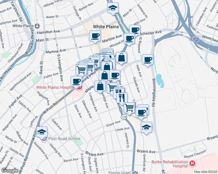 map of restaurants, bars, coffee shops, grocery stores, and more near in White Plains