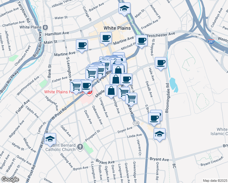 map of restaurants, bars, coffee shops, grocery stores, and more near 5 Greenridge Avenue in White Plains