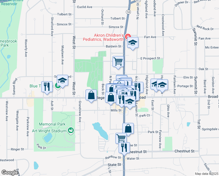 map of restaurants, bars, coffee shops, grocery stores, and more near 134 North Pardee Street in Wadsworth