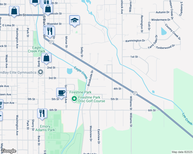 map of restaurants, bars, coffee shops, grocery stores, and more near 1012 Brookview Ct in Findlay